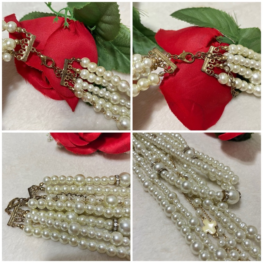 Vintage Multi-strand Layered Pearl & Crystals Statement Necklace W/Clover Charms - Picture 8 of 13